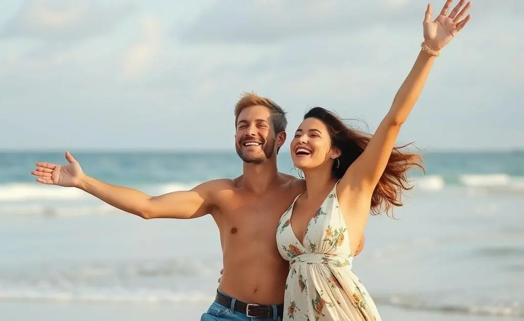 Scene of a happy couple celebrating on a relaxed beach.