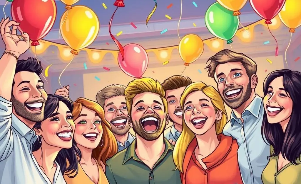 Group celebrating success with balloons and confetti.