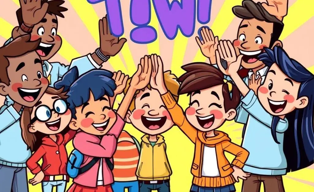 A small team of cartoon figures high-fiving each other.