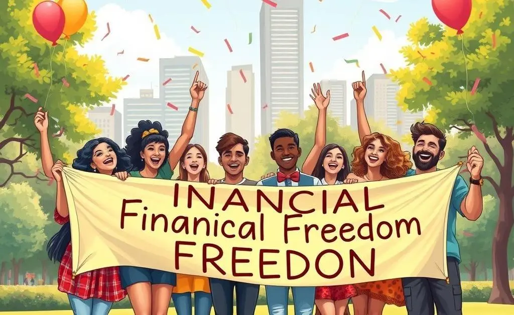 People holding a 'Financial Freedom' banner, celebrating together