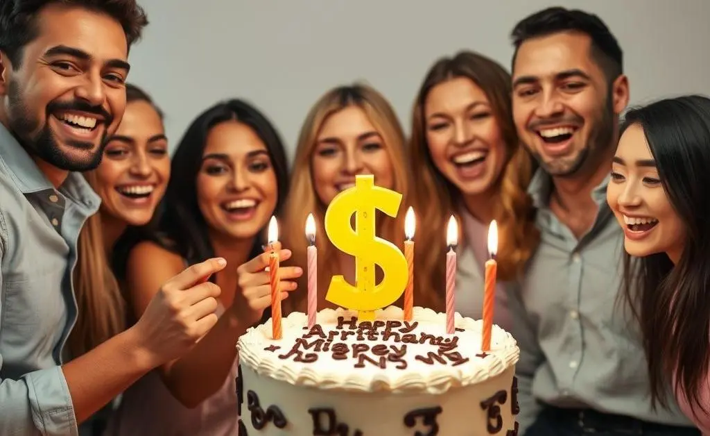 Friends celebrating a financial milestone with a cake marked with a dollar sign.
