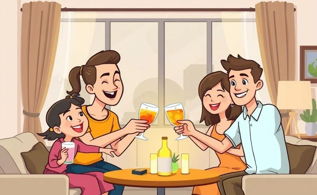 Family toasting with drinks in their new living room