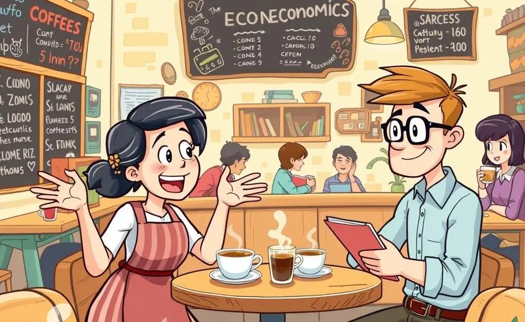 Cartoon of two people discussing economics in a coffee shop