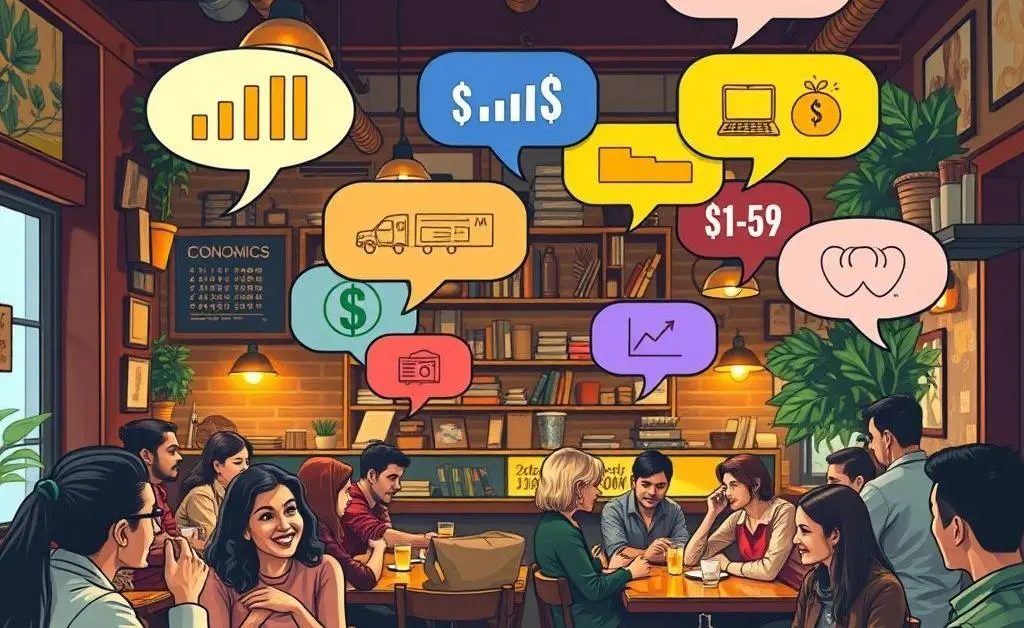 People discussing economics in a cafe setting