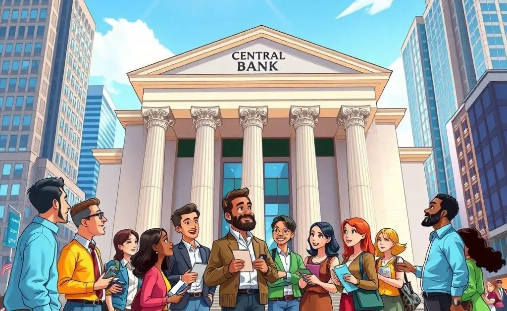 People discussing economics in front of a central bank