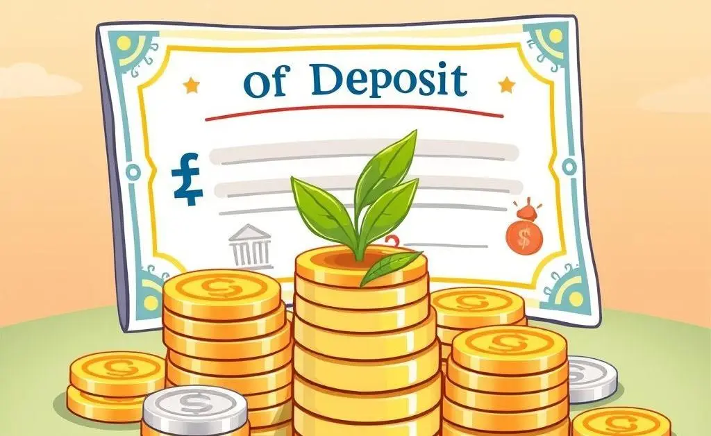 Illustration of a certificate of deposit with coins and a growing plant