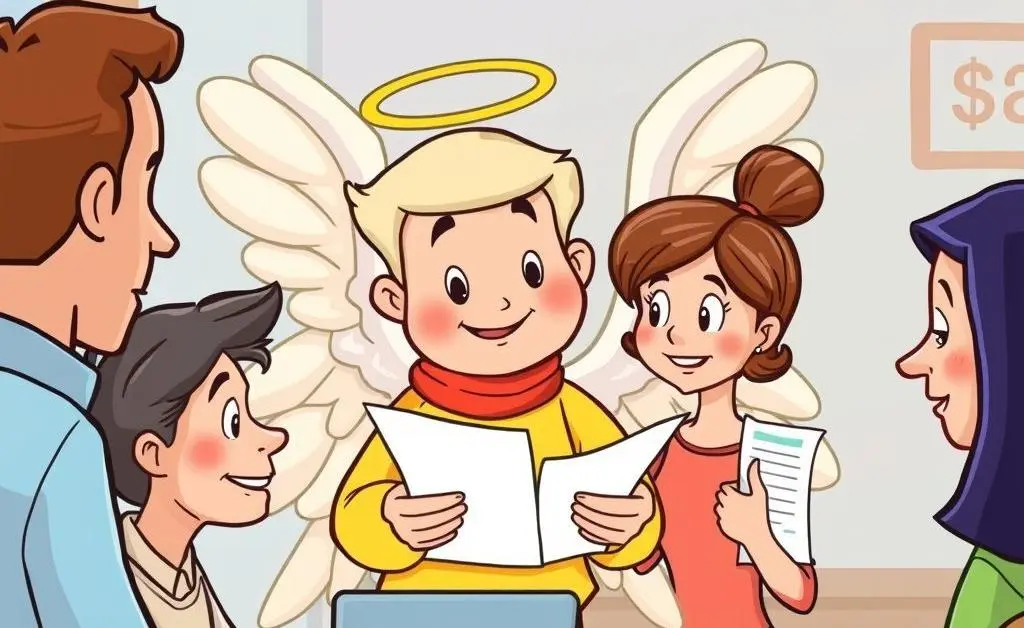 Cartoon depiction of a friendly guardian angel helping people with financial paperwork