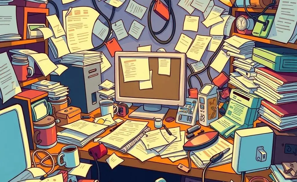 A cartoon of a cluttered work desk with papers and coffee cups, depicting chaos.