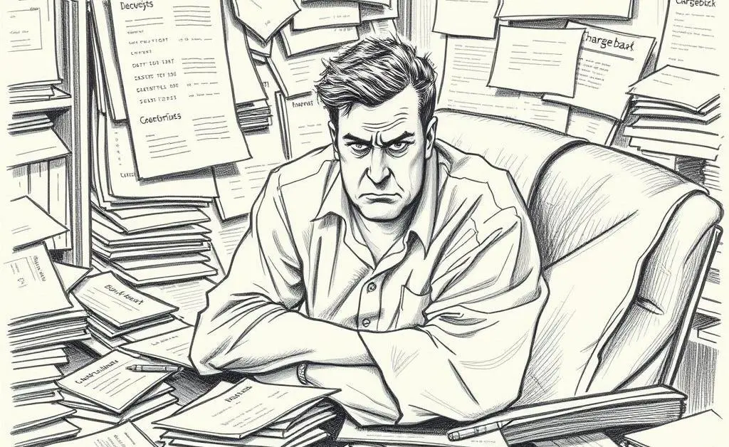 Chargeback paperwork on a desk with a worried insurance agent