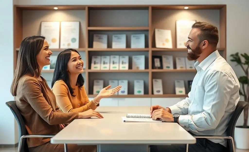 Two people chatting amicably across a desk.