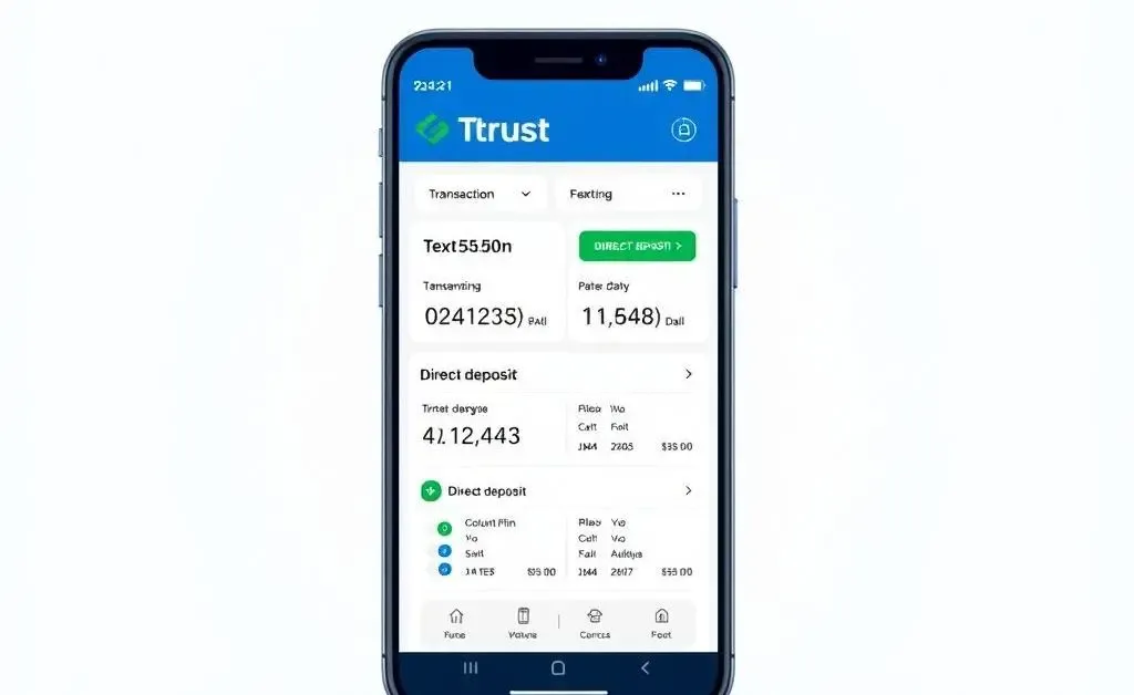 Illustration of a smartphone displaying an online banking app with direct deposit details.