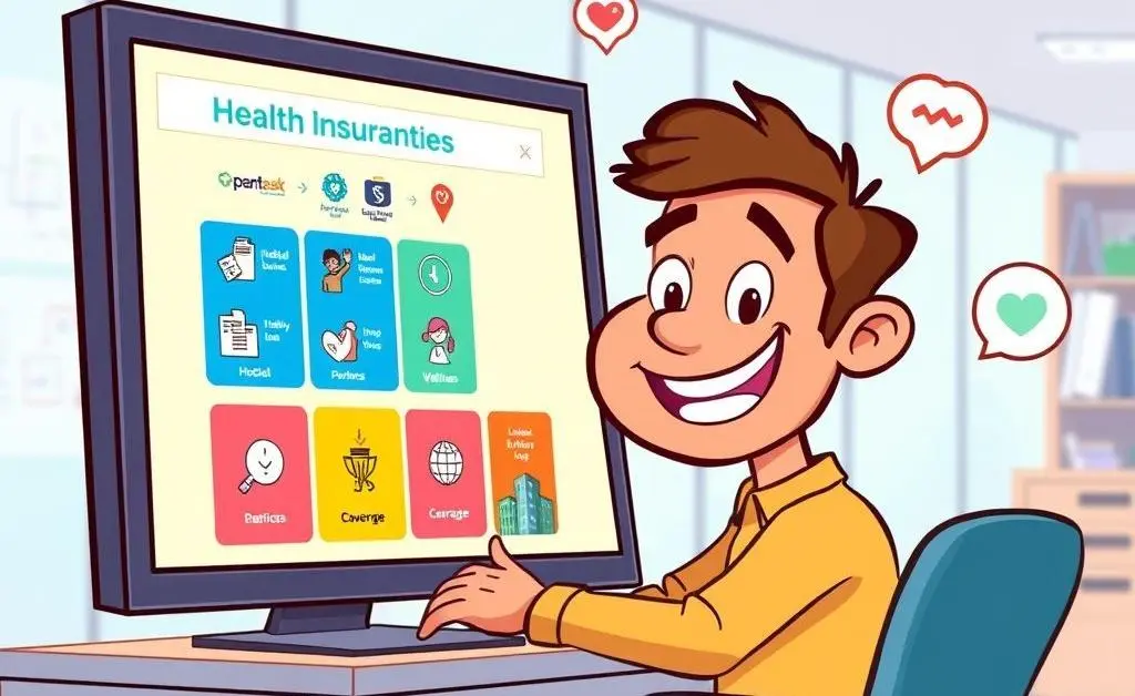 Cartoon of someone looking at health benefit options on a computer.