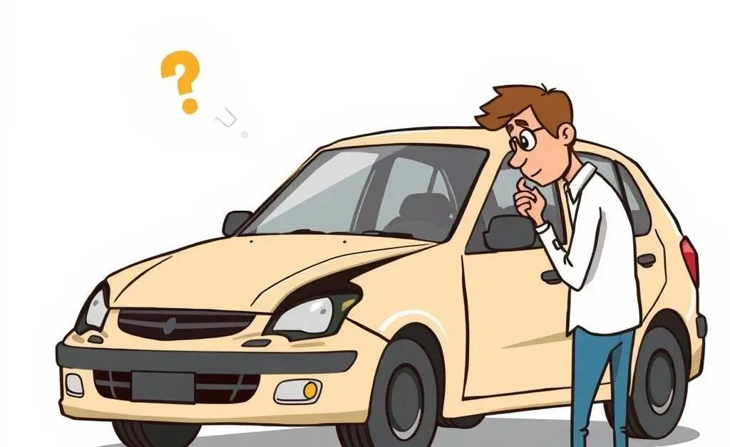 Person thoughtfully examining a car with visible body damage