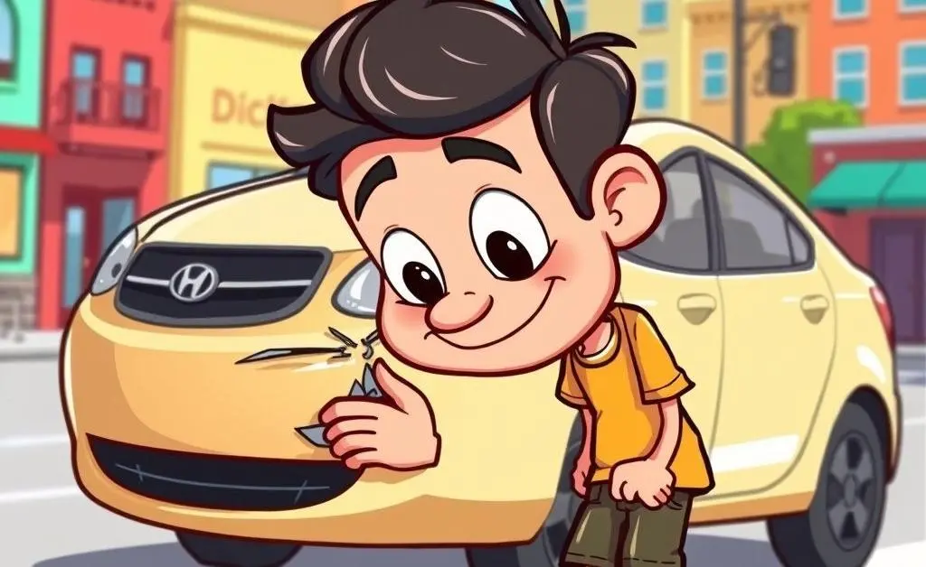 A cartoon of a person examining a dented car bumper
