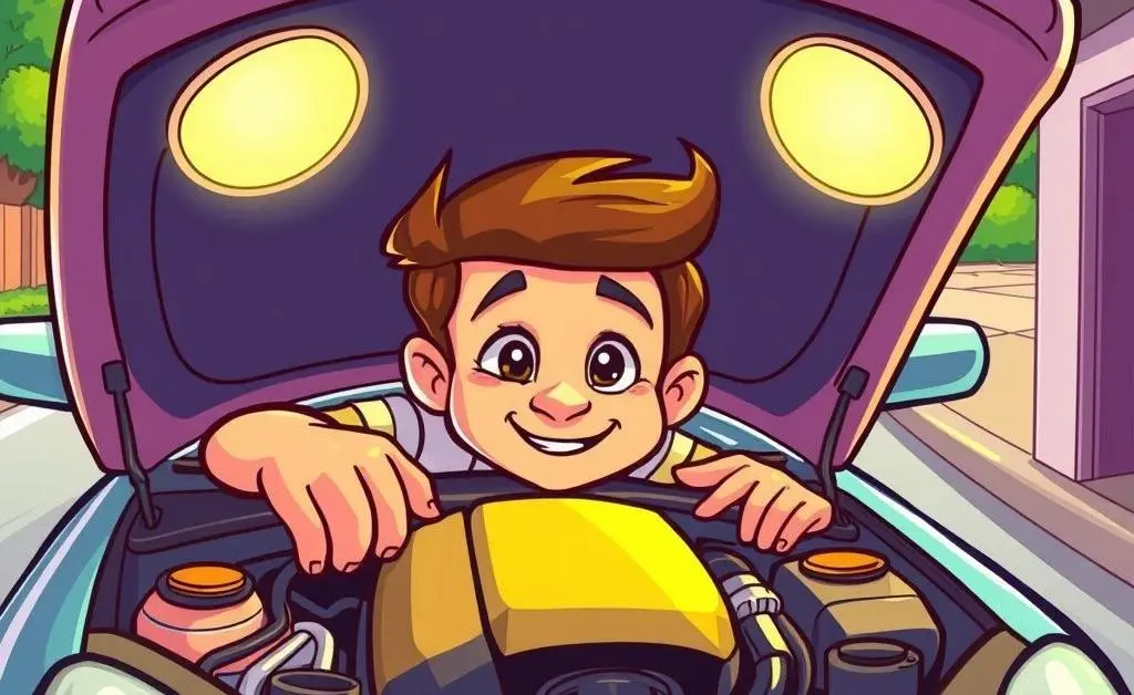 Cartoon-style illustration of a person checking a car's engine under the hood
