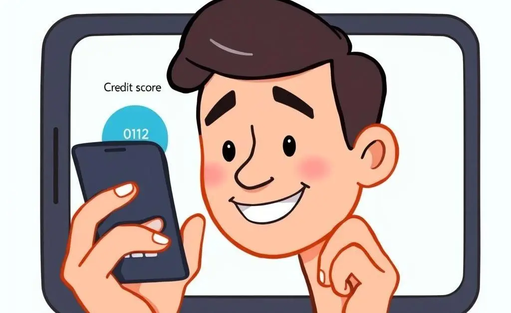 A cartoon of a person looking at their credit score on a phone screen with a smile.