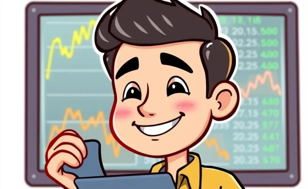 A person checking stock charts with a happy expression