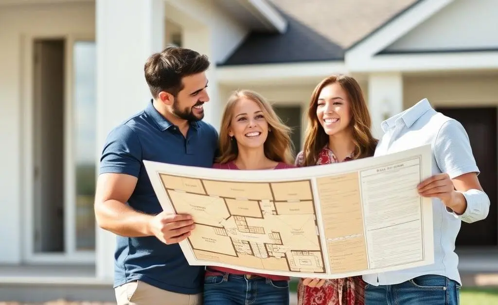 A family excitedly checking out their new home, holding a floor plan.