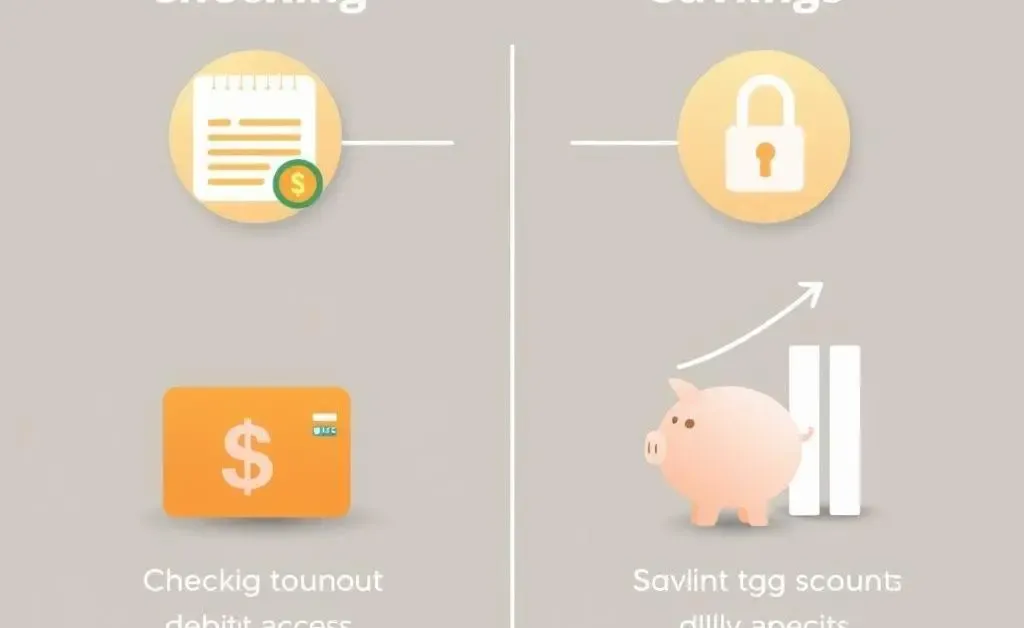 Diagram comparing checking and savings accounts with simple icons and labels.