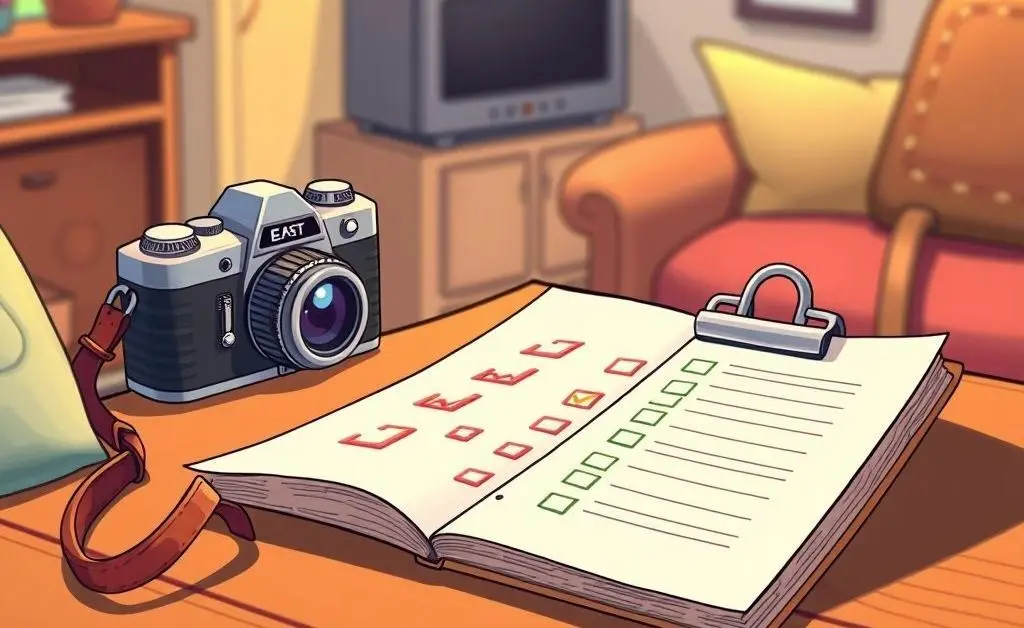 Checklist and camera on a table