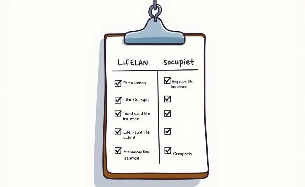 A minimalist cartoon of a checklist comparing different life insurance plans on a clipboard.