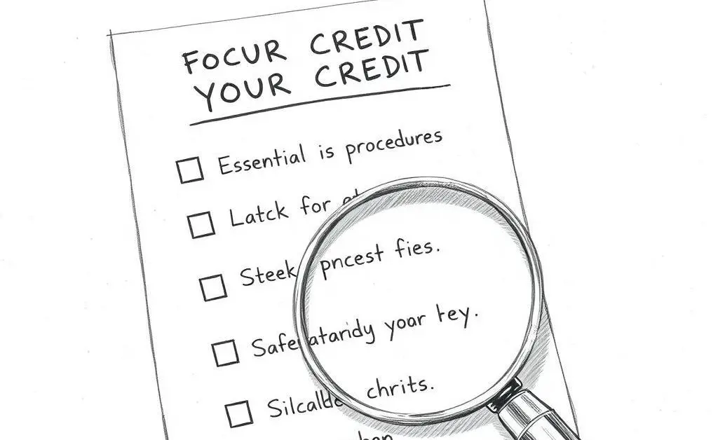 Hand-drawn checklist of steps to monitor and protect your credit, with a magnifying glass.