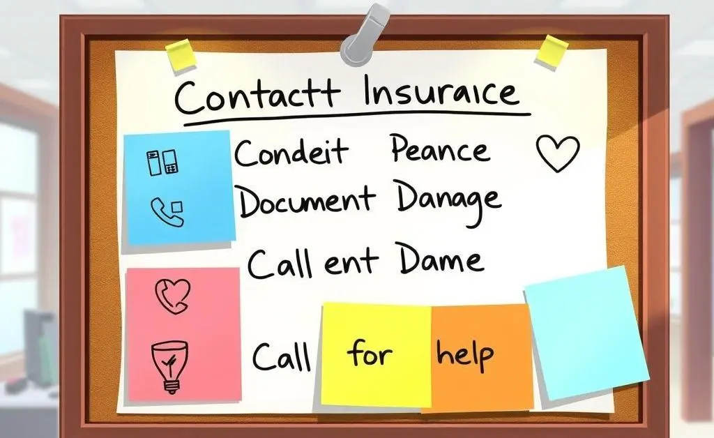 Illustration of a checklist with items like 'contact insurance', 'document damage', and 'call for help'.
