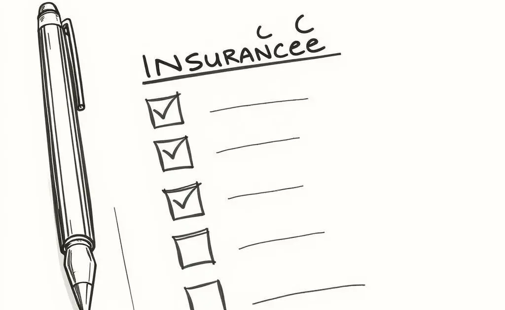 Checklist for insurance claims with a pen and completed boxes.