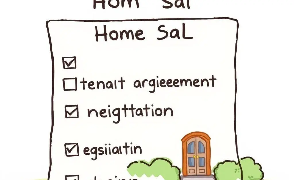A cartoon-style checklist titled 'Home Sale' with items like 'tenant agreement', 'negotiation', and 'closing'.