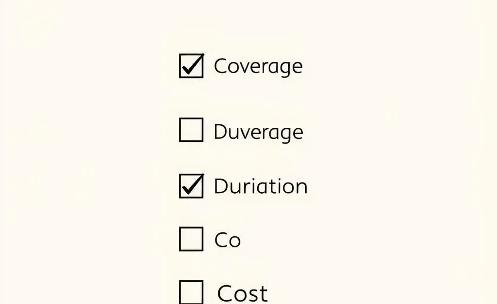 Minimalist drawing of a checklist with boxes ticked, labeled 'Coverage, Duration, Cost'.