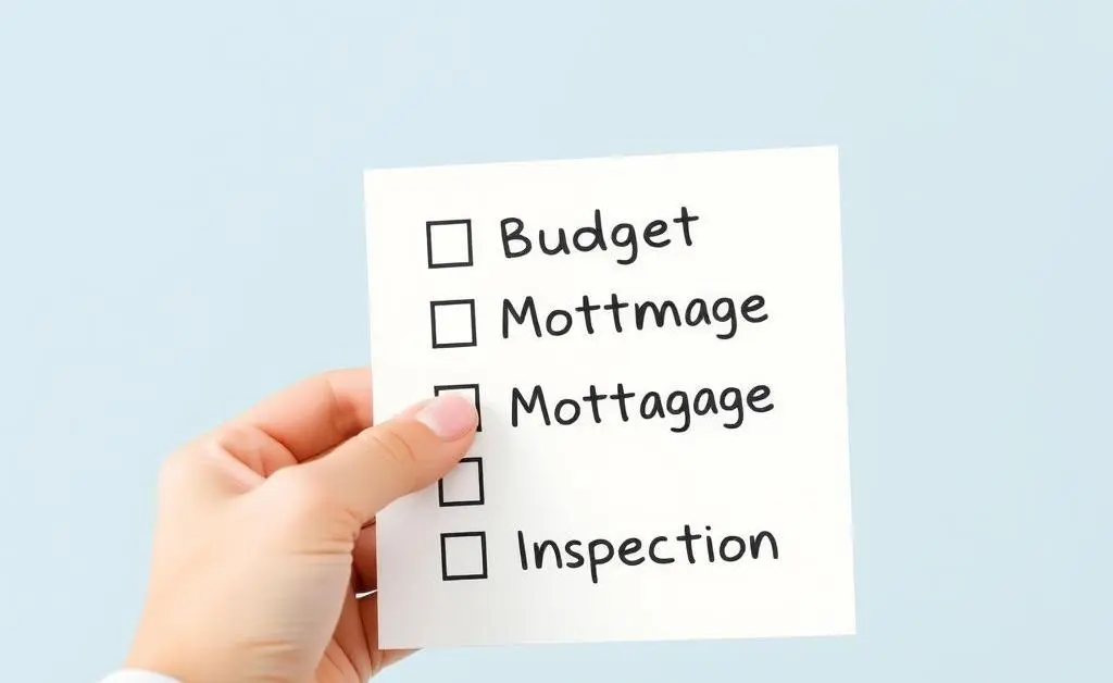 A checklist for home buying with items like 'Budget' and 'Mortgage' checked off