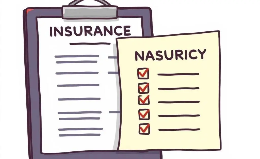 A cartoon-style checklist being ticked off next to an insurance policy.
