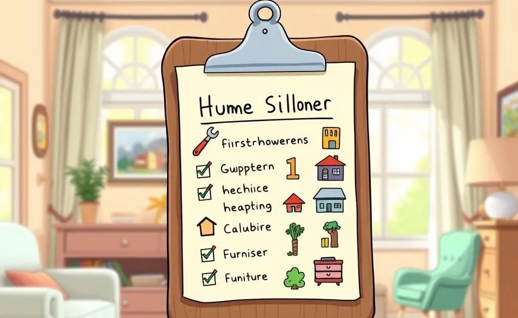 A cartoon-style checklist of various tasks for new homeowners on a clipboard.