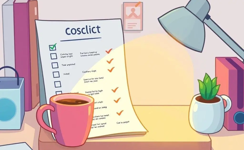 Cartoon image of a checklist and a cup of coffee on a neat desk