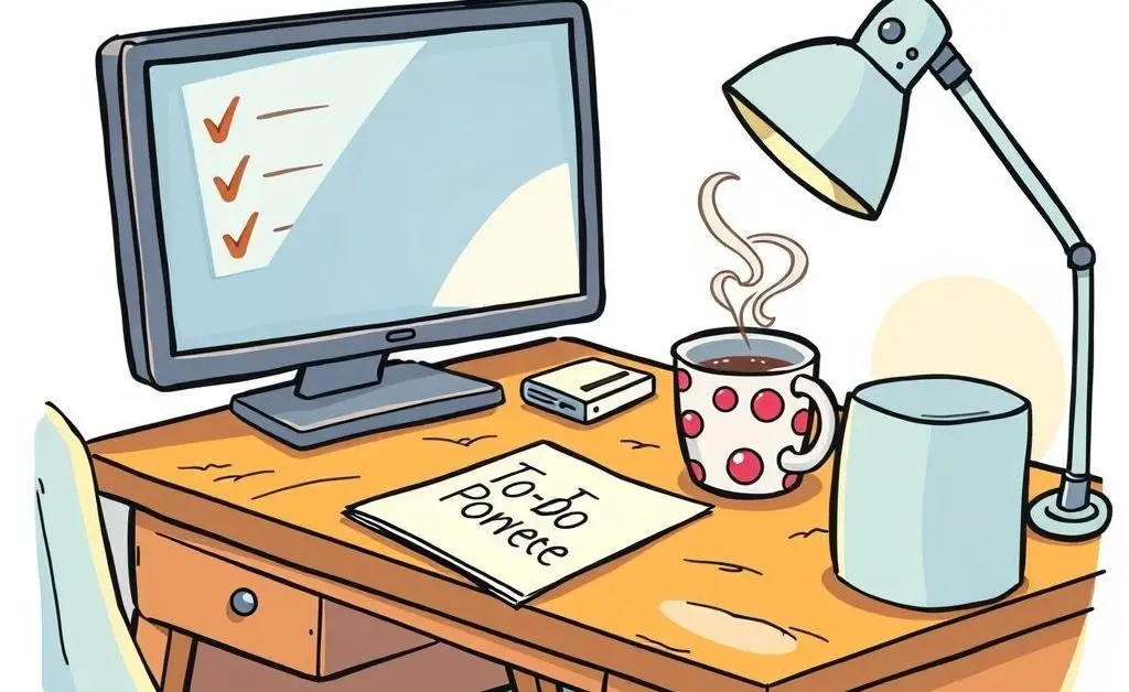 Desk setup with a checklist, coffee mug, and computer