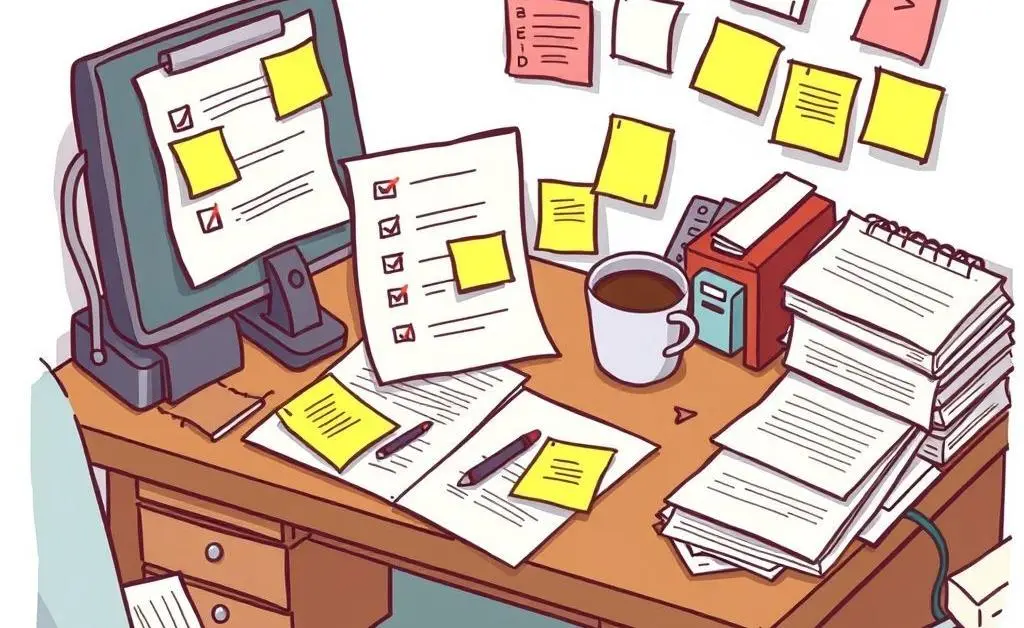 A messy desk with a detailed checklist, coffee cup, and sticky notes.