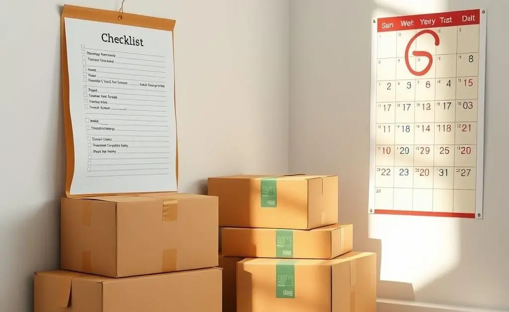 A checklist next to packed moving boxes, with a calendar highlighting a specific date.