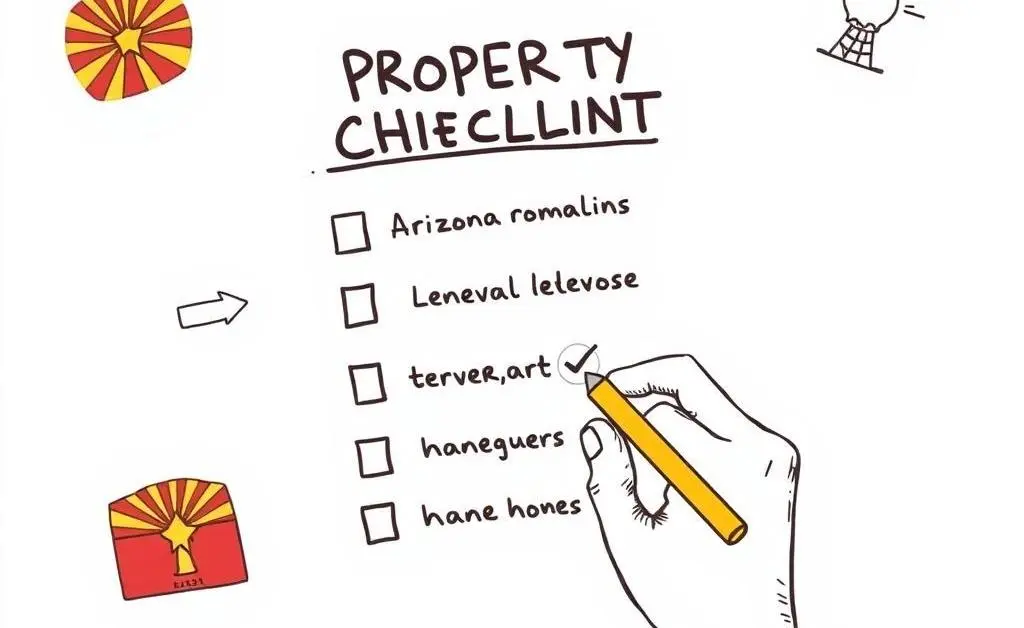 A hand-drawn style image of a property management checklist being ticked off by a person, with Arizona state symbols.