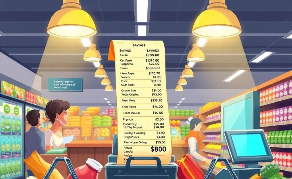 Illustration of a checkout counter with a long receipt and savings highlighted.