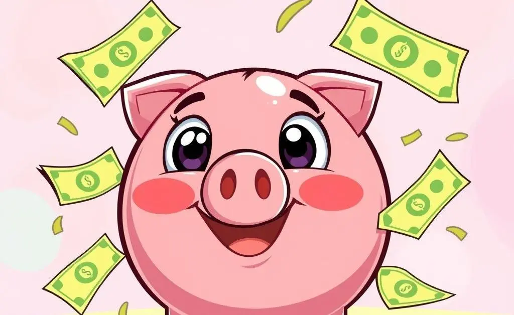 A cheerful cartoon piggy bank with dollar bills around it.