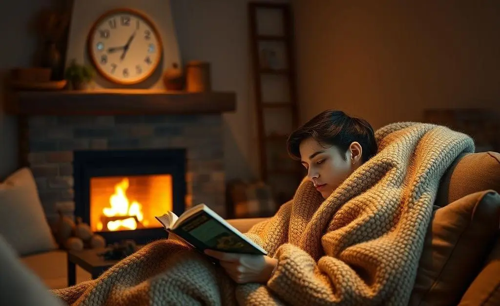 A cozy living room with a person quietly reading a book under a warm blanket.