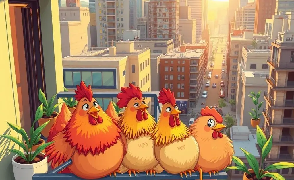 Cartoon chickens comfortably perched on a stylish city balcony.