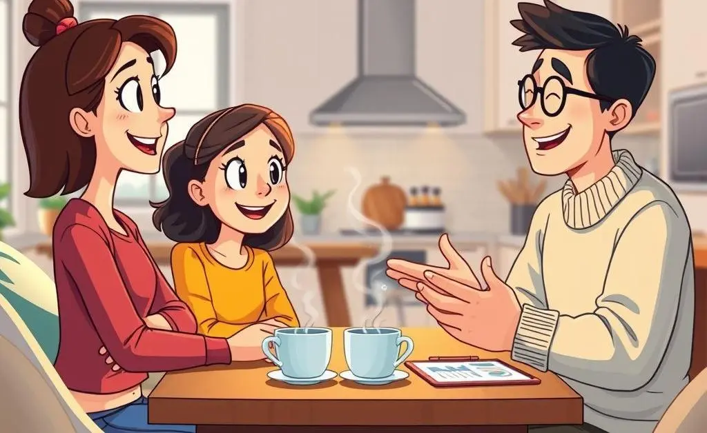A cartoon-style image of a teenager and parent having a discussion at a coffee table about finances, with friendly expressions.