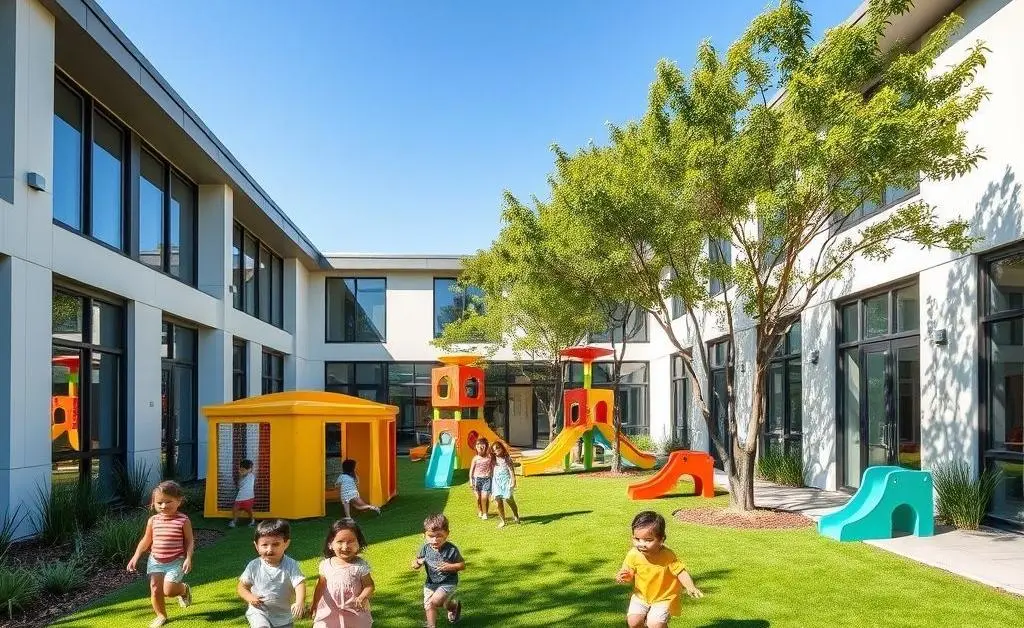 A modern childcare center with happy children playing outside.