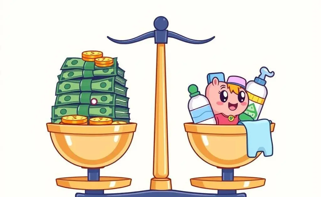 Weighing scales with money and childcare items, depicting childcare costs