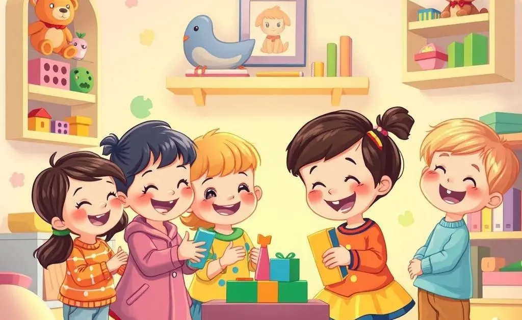 Children happily sharing toys in a playroom