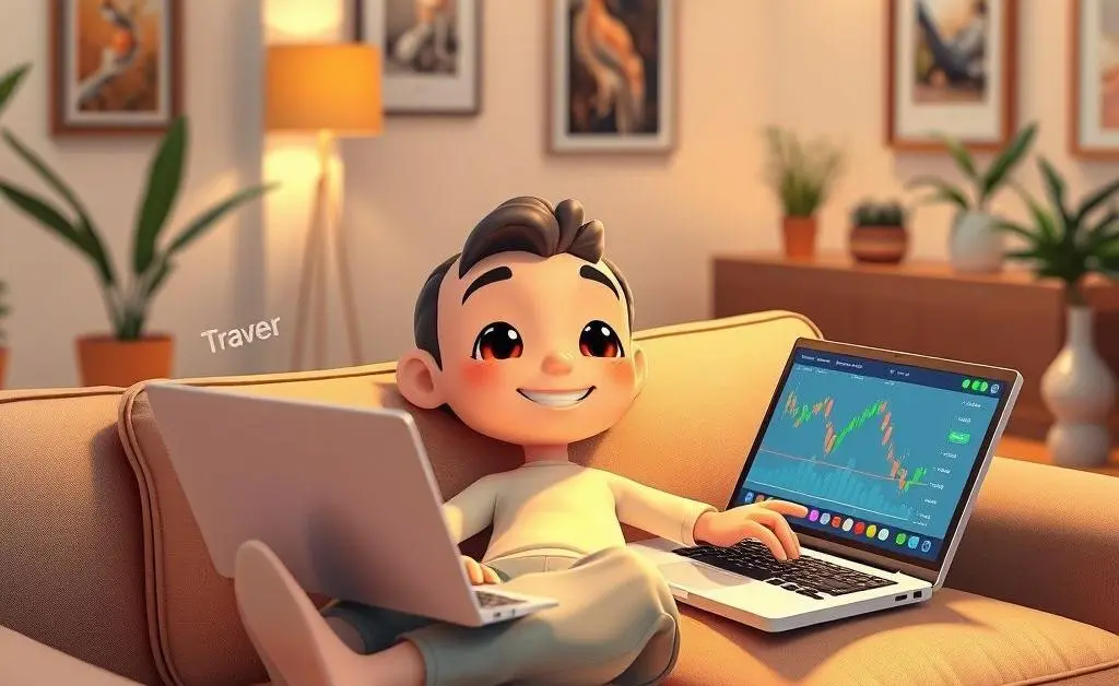 A cartoon character relaxing while viewing a trading screen.