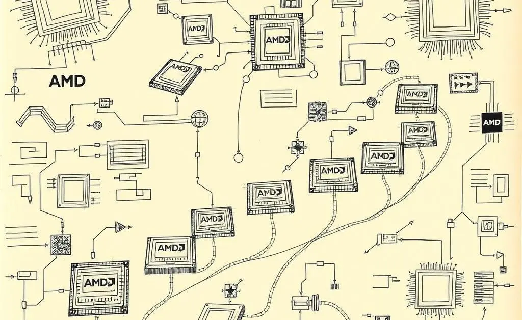 A hand-drawn path of evolving chip technology, showing AMD chips in progression.