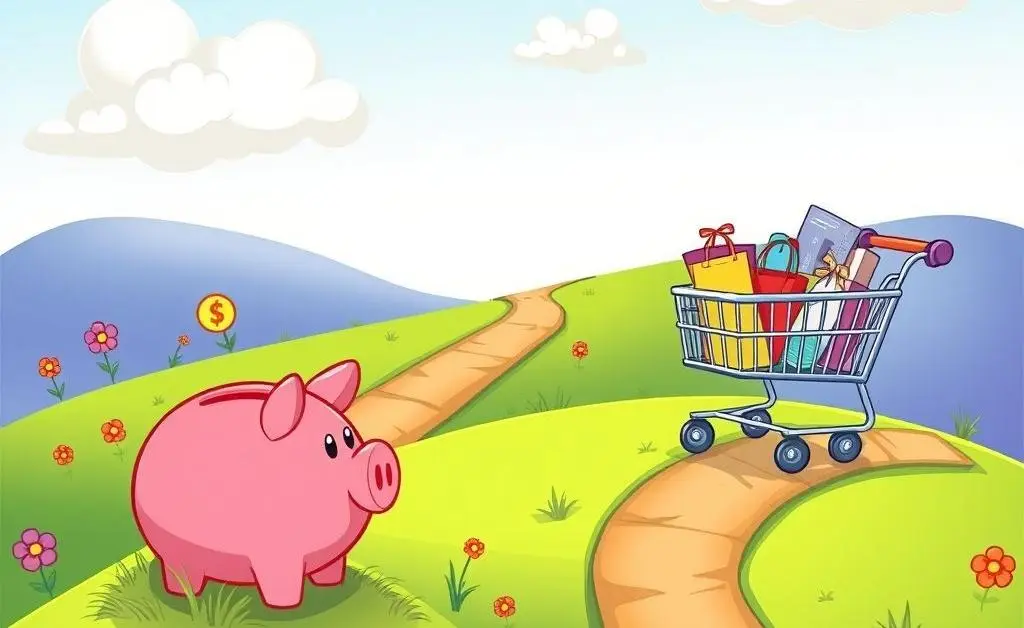 A playful cartoon of two paths: one leading to a piggy bank, another to a shopping cart.