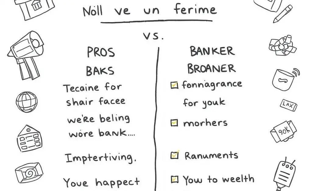 A checklist with pros and cons of using a bank versus a broker for a mortgage, with doodles around it.
